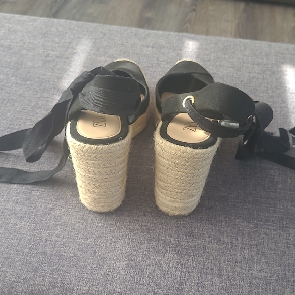 Zara Black Espadrille Wedge Sandals with Ankle Wrap - Picture 4 of 8